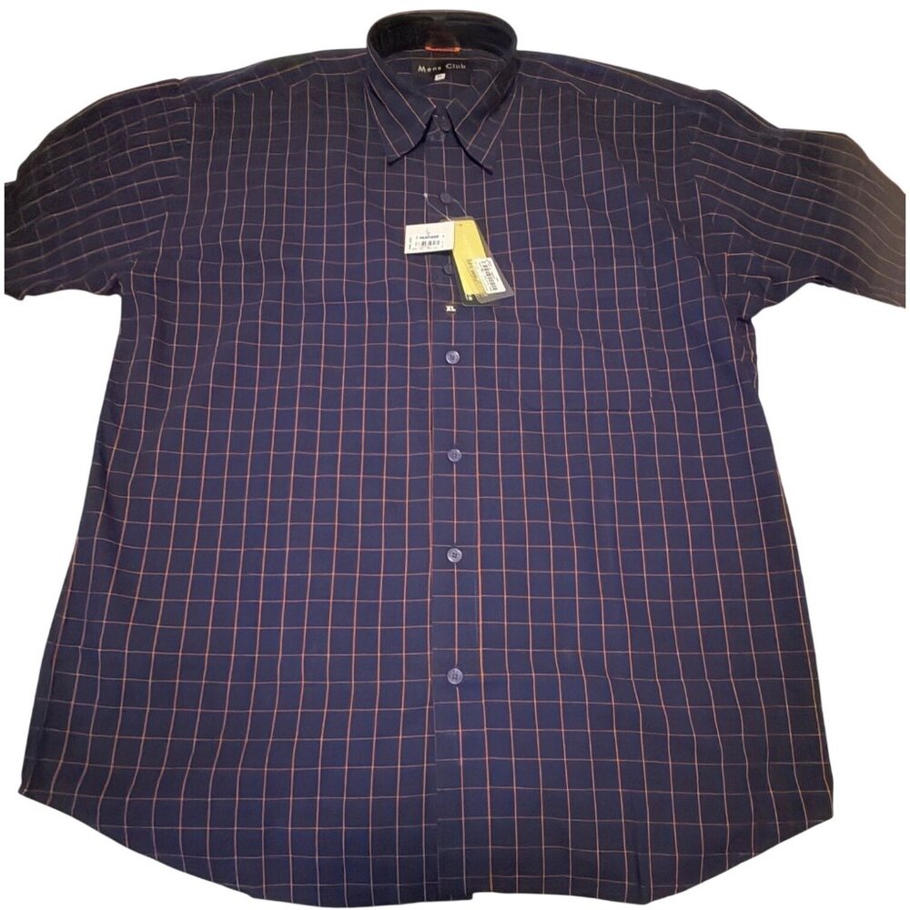 Mens Club Navy Plaid Button-Down Dress Shirt 100% Combed Cotton Men's Size XL